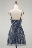 Sparkly Navy Beaded Tight Spaghetti Straps Short Formal Dress
