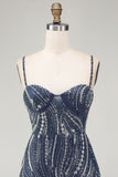 Sparkly Navy Beaded Tight Spaghetti Straps Short Formal Dress
