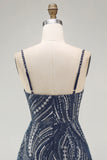 Sparkly Navy Beaded Tight Spaghetti Straps Short Formal Dress