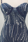 Sparkly Navy Beaded Tight Spaghetti Straps Short Formal Dress