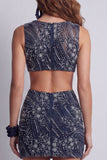 Sparkly Navy Boat Neck Cut Out Beaded Tight Short Cocktail Dress