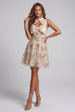Sparkly Champagne Keyhole A Line Beaded Short Cocktail Dress with Bow