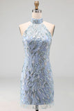 Sparkly Grey Blue Halter Tight Beaded Short Formal Dress