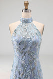 Sparkly Grey Blue Halter Tight Beaded Short Formal Dress