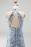 Sparkly Grey Blue Halter Tight Beaded Short Formal Dress