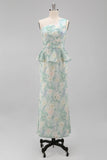 One Shoulder Light Green Floral Mermaid Formal Dress