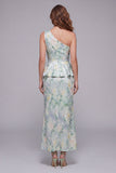 One Shoulder Light Green Floral Mermaid Formal Dress