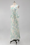 One Shoulder Light Green Floral Mermaid Formal Dress