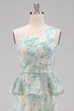 One Shoulder Light Green Floral Mermaid Formal Dress