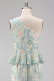 One Shoulder Light Green Floral Mermaid Formal Dress