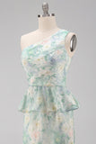 One Shoulder Light Green Floral Mermaid Formal Dress