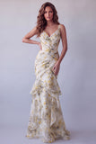 Light Yellow Floral Spaghetti Straps Mermaid Ruffled Formal Dress