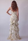 Light Yellow Floral Spaghetti Straps Mermaid Ruffled Formal Dress