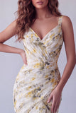 Light Yellow Floral Spaghetti Straps Mermaid Ruffled Formal Dress