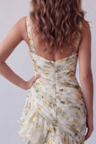 Light Yellow Floral Spaghetti Straps Mermaid Ruffled Formal Dress
