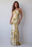 One Shoulder Light Yellow Floral Pleated Mermaid Formal Dress