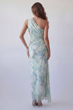 One Shoulder Light Green Floral Ruched Mermaid Formal Dress