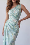One Shoulder Light Green Floral Ruched Mermaid Formal Dress