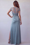 Grey Blue Sheer Floral Short Sleeve Sheath Formal Dress