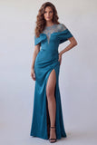 Off The Shoulder Peacock Blue Sheer Floral Satin Mermaid Formal Dress
