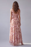 One Shoulder Pink Floral A Line Formal Dress