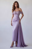 Sparkly Light Purple Off The Shoulder Sheath Formal Dress with Streamer