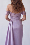 Sparkly Light Purple Off The Shoulder Sheath Formal Dress with Streamer