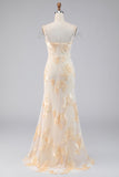 Light Yellow Floral Mermaid Formal Dress with Rhinestone Chain Straps