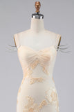 Light Yellow Floral Mermaid Formal Dress with Rhinestone Chain Straps