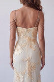 Light Yellow Floral Mermaid Formal Dress with Rhinestone Chain Straps