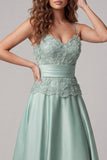 Green Spaghetti Straps Appliqued A Line Satin Formal Dress