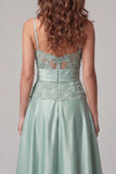 Green Spaghetti Straps Appliqued A Line Satin Formal Dress