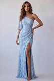 One Shoulder Sky Blue Appliqued Mermaid Formal Dress