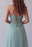 Strapless Green Corset A Line Tulle Appliqued Formal Dress