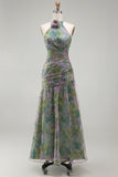 Dusty Sage Chiffon A-Line Ruched Floral Halter Neck Long Formal Dress