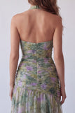 Dusty Sage Chiffon A-Line Ruched Floral Halter Neck Long Formal Dress