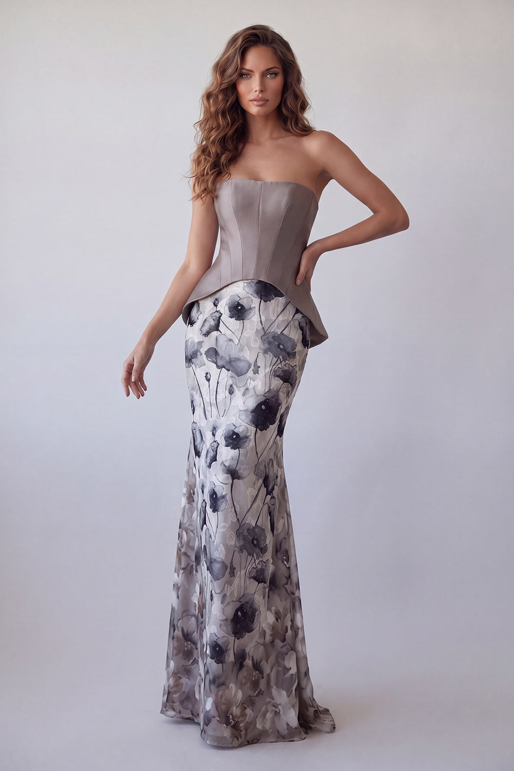 Vintage Mauve Mermaid Chiffon Floral Strapless Long Formal Dress