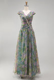Chiffon Dusty Sage A-Line V-Neck Ruched Long Formal Dress