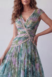Chiffon Dusty Sage A-Line V-Neck Ruched Long Formal Dress