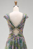Chiffon Dusty Sage A-Line V-Neck Ruched Long Formal Dress