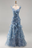 Dusty Blue Ruched Floral Tiered Ruffled Mermaid Long Formal Dress