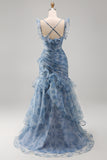Dusty Blue Ruched Floral Tiered Ruffled Mermaid Long Formal Dress