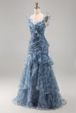 Dusty Blue Ruched Floral Tiered Ruffled Mermaid Long Formal Dress