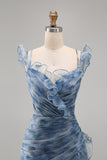 Dusty Blue Ruched Floral Tiered Ruffled Mermaid Long Formal Dress