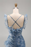 Dusty Blue Ruched Floral Tiered Ruffled Mermaid Long Formal Dress