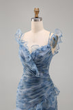 Dusty Blue Ruched Floral Tiered Ruffled Mermaid Long Formal Dress