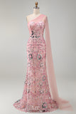 Mermaid Beaded Sparkly Pink Long Mother of the Bride Dress with Side Cape