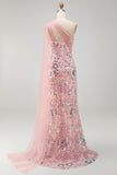 Mermaid Beaded Sparkly Pink Long Mother of the Bride Dress with Side Cape