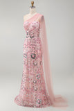 Mermaid Beaded Sparkly Pink Long Mother of the Bride Dress with Side Cape
