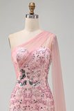 Mermaid Beaded Sparkly Pink Long Mother of the Bride Dress with Side Cape